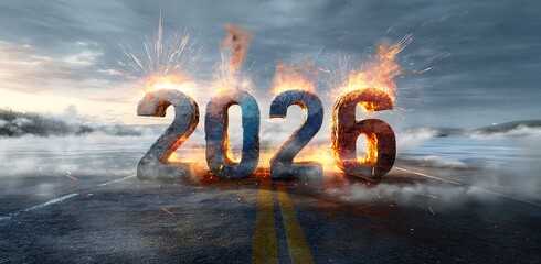 Explosive 2026 countdown on highway, sparking future forward