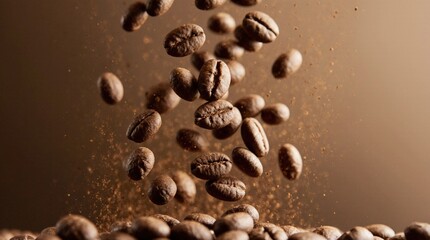 Obraz premium High-speed photo of roasted coffee beans captured in mid-air. Sharp detail on foreground beans, soft blur background, coffee dust particles glowing in warm light, dynamic caffeine concept.