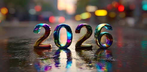 Shimmering 2026 numbers reflect city lights on wet street