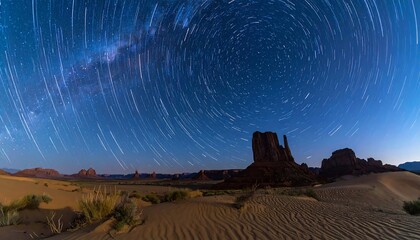 Star trails over desert landscape