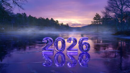 New Year 2026 shimmering on icy lake at dusk