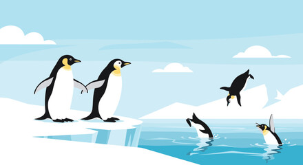 Fototapeta premium Adorable emperor penguins gather on icy shores and leap joyfully into the cold blue ocean waters