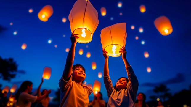 Happy moments under the sky: children launch sky lanterns
