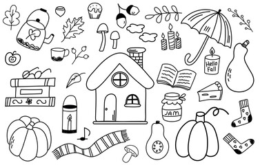 Big set of  different outline autumn doodle icons: 
pumpkins, cozy house, autumn leaves, umbrella, teapots and cup on the white background. 