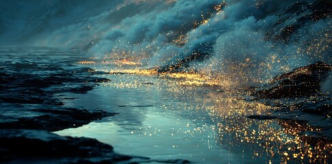 Sparkling ocean waves reflect golden light at dusk