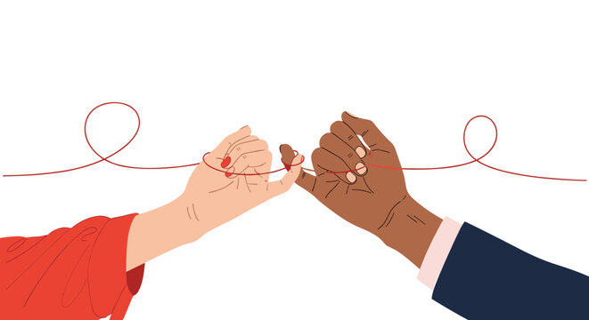 Two people linking pinkies with red string of fate representing connection and destiny