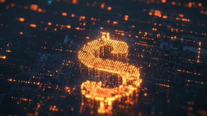 Glowing digital dollar sign emerging from futuristic circuit board - Powered by Adobe