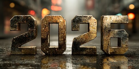 Golden 2026 numbers reflect on wet urban street