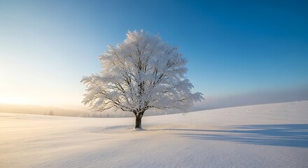 Obraz premium Solitary Tree Covered in Frost Stands in a Snowy Winter Landscape