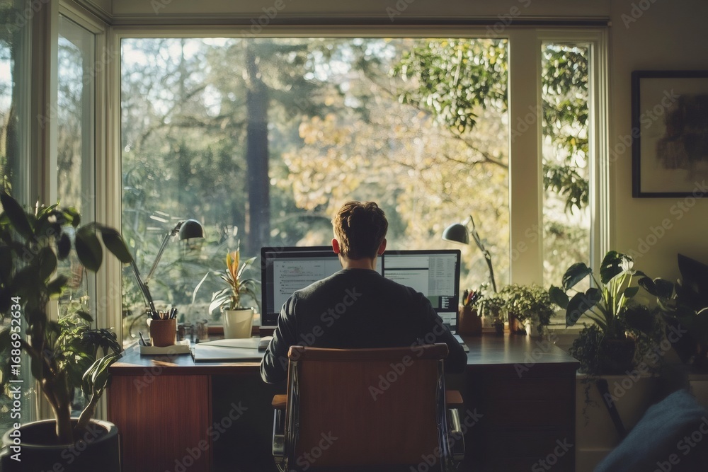 Poster professional man sitting at desk working remotely from home office with two computer monitors and la
