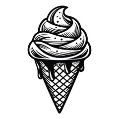 Monochrome Ice Cream Cone with Dripping Chocolate Delicious Dessert Delight, Classic Design for Prints and Stickers