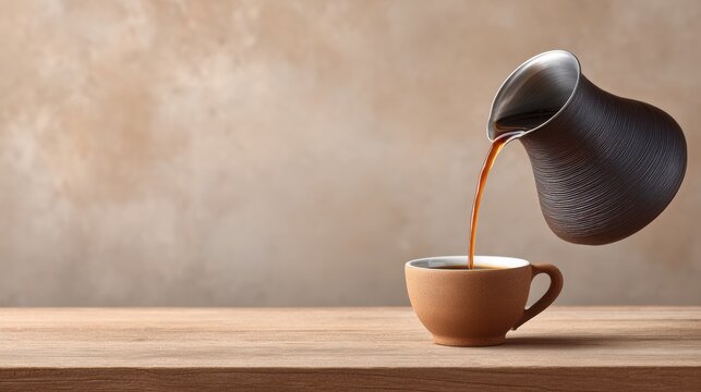 Coffee being poured from a stylish black kettle into a ceramic cup on a wooden table, showcasing the art of brewing and the warm ambiance of a cozy cafe setting