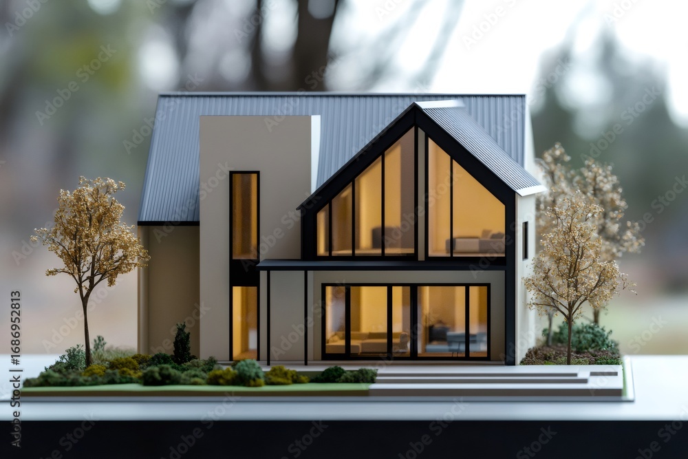 Poster miniature house model representing modern architecture and sustainable building practices, ideal for