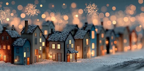 Cozy winter village glows with holiday lights and fireworks
