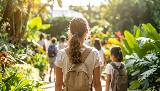 Group people walk outdoors botanic garden