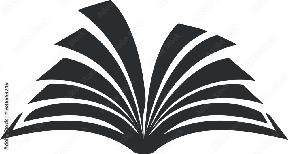 Poster black and white icon of an open book with pages fanned out symbolizing reading and knowledge