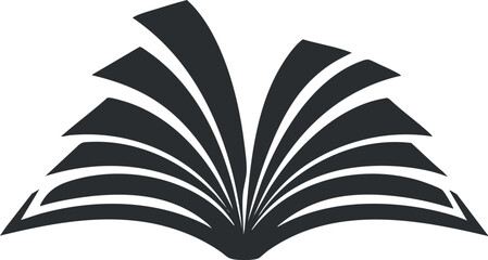 Black and white icon of an open book with pages fanned out symbolizing reading and knowledge