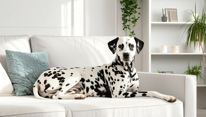 Dalmatian dog relaxing on a white couch in a bright living room