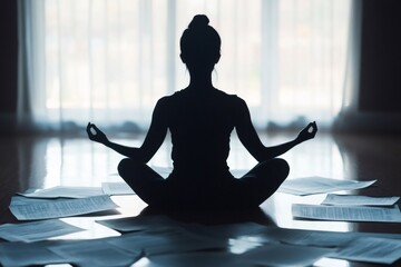 Silhouette of a woman practicing yoga and meditation amidst scattered paperwork, finding tranquility and balance in a stressful work environment