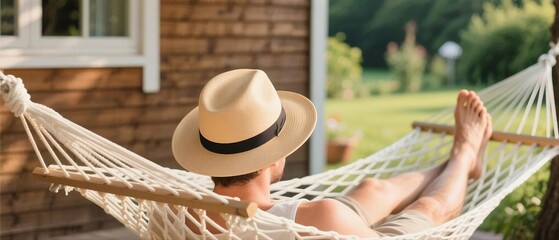 Relaxed man in straw hat lying on hammock outdoors enjoying summer sunshine in backyard garden