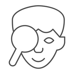 Guy head and magnifying glass thin line icon, ophthalmology session concept. Vector graphics. Eye vision test, ophthalmology sign on white background, outline style icon for mobile or web design.
