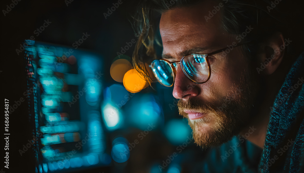 Aufkleber programmer works at night. man with glasses looks atmonitor, typing on keyboar. modern tech in dark 