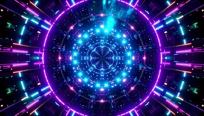 Fototapeta premium Futuristic, vibrant tunnel with glowing neon rings