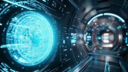 Futuristic spaceship corridor showing holographic globe and data stream - Powered by Adobe