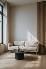 Minimalist living room with beige sofa, black round coffee table, and wooden accents