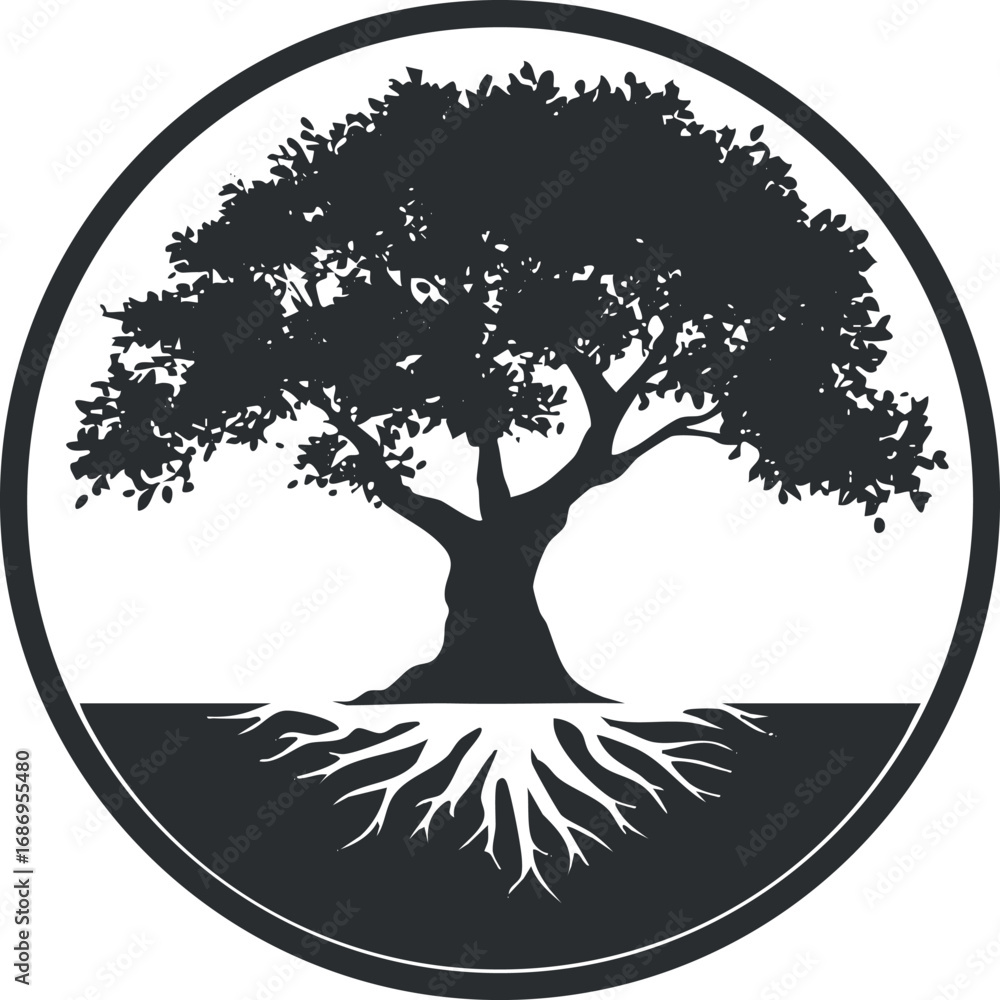 Poster black and white silhouette of a tree with visible roots inside a circular frame symbolizing growth a
