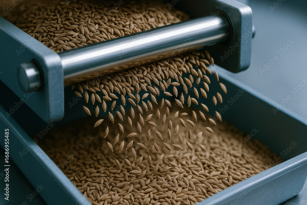 Poster grain processing in food industry involves cleaning and sorting seeds to ensure quality and efficien