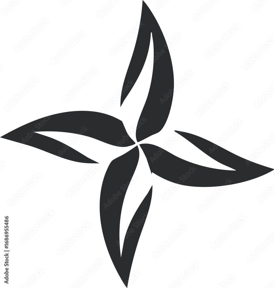 Poster abstract black and white geometric symbol with four curved shapes forming a symmetrical pattern