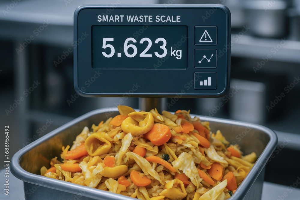 Poster food waste processing in industry is measured precisely with smart waste scale to improve efficiency