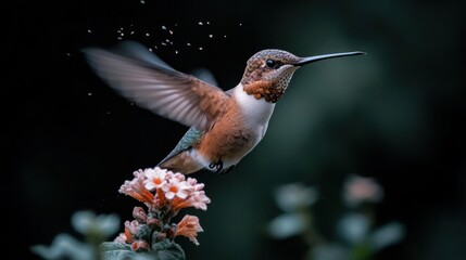 Hummingbird hovers over flower blossoms in garden creating an enchanting spectacle showcasing nature's beauty and delicate balance