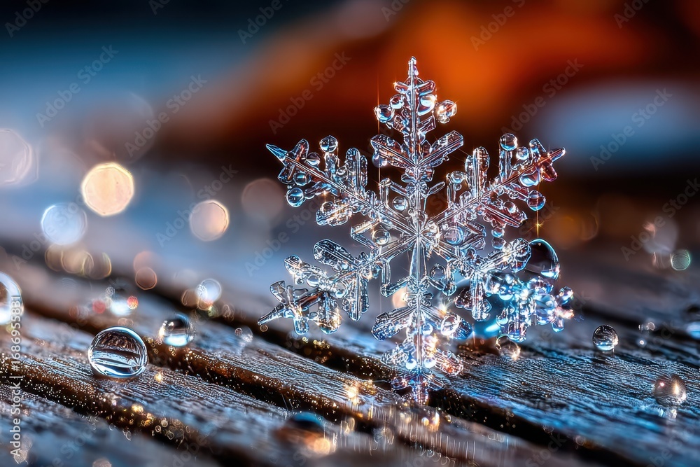 Poster snowflake resting on wooden surface with raindrops sparkling in the background