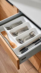 Top view of utensils inside open kitchen drawer