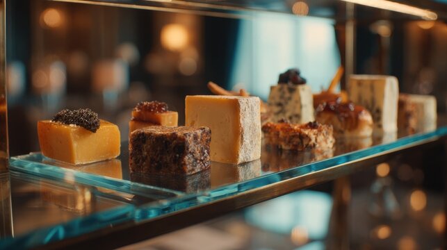 Medium shot of artisan cheese selection displayed on a glass platter main cheese cube sharply defined reflecting light with soft outoffocus elements behind.