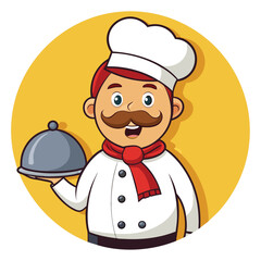 Cartoon Chef Character Carrying a Silver Platter Against a Yellow Circle Backdrop Perfect for Restaurant Promotion and Culinary Arts