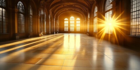 Obraz premium Ethereal Grand Hallway Bathed in Golden Light Stunning Arches and Cityscape Views Create Elegance