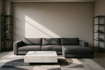 Modern living room with gray sectional sofa, marble coffee table, and natural sunlight