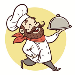 Cartoon Chef Character Carrying a Silver Platter Against a Yellow Circle Backdrop Perfect for Restaurant Promotion and Culinary Arts
