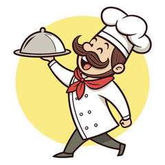 Cartoon Chef Character Carrying a Silver Platter Against a Yellow Circle Backdrop Perfect for Restaurant Promotion and Culinary Arts