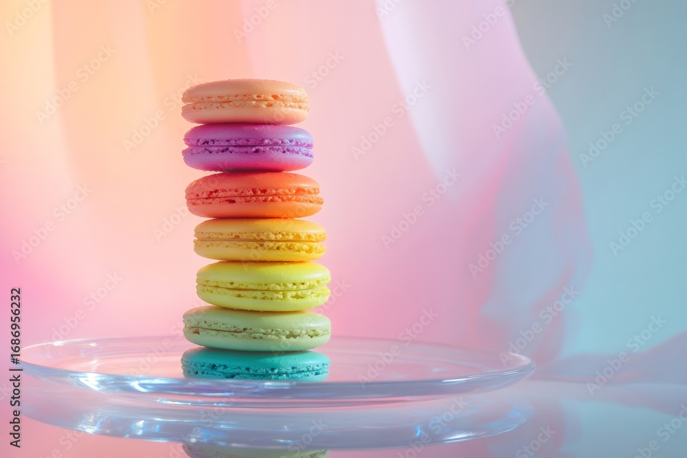 Poster rainbow colored macarons arranged vertically on a glass plate, creating a vibrant and appealing visu