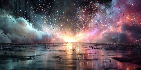 Fototapeta premium Celebration confetti bursts in vibrant sky reflecting on wet ground