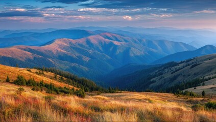 Fototapeta premium A vast, colorful mountain range stretches out under a vibrant, light-filled sky, showcasing a breathtaking panorama of autumnal hues.