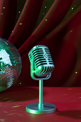 Retro microphone close-up with neon lights against the background of a red curtain. Karaoke, comedy or music show in a bar restaurant with a microphone and bright lighting. Podcast studio