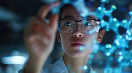 Focused scientist highlighting molecular models on a digital screen the rest of the team brainstorming ideas gently blurred in a contemporary laboratory.