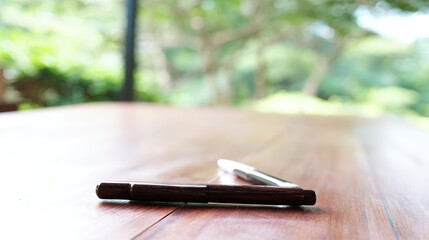 A simple wooden desk with a single pen, illuminated by soft light from the window.