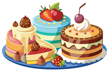 Colorful Assortment of Delicious Cartoon Desserts A Tempting Sweet Treat Collection Featuring Cupcakes and Fruit