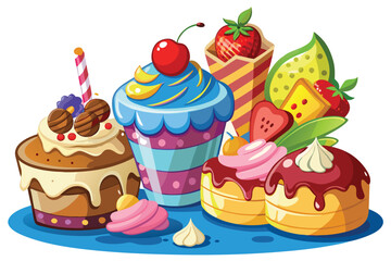 Colorful Assortment of Delicious Cartoon Desserts A Tempting Sweet Treat Collection Featuring Cupcakes and Fruit
